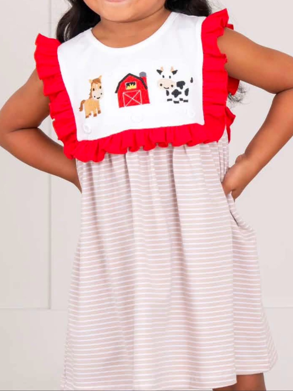 Girls' Farm Animal Ruffle Dress in Red and Cream